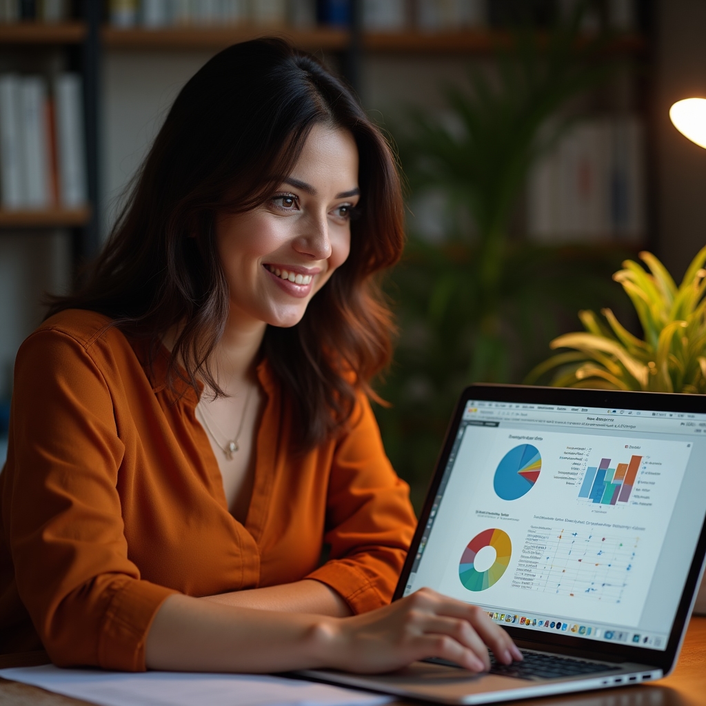 Female educator in her mid-thirties reviewing simulation results on a laptop at a university desk with warm ambient lighting