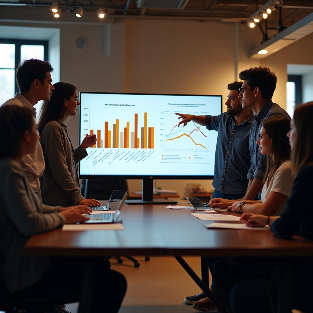 Students gathered around a screen reviewing anonymized group comparison results