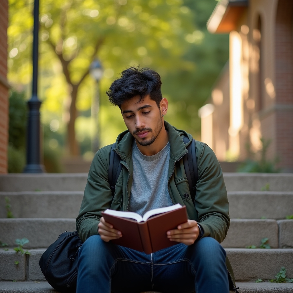 Young Mexican student in a university campus outdoor area reviewing notes with a focused expression