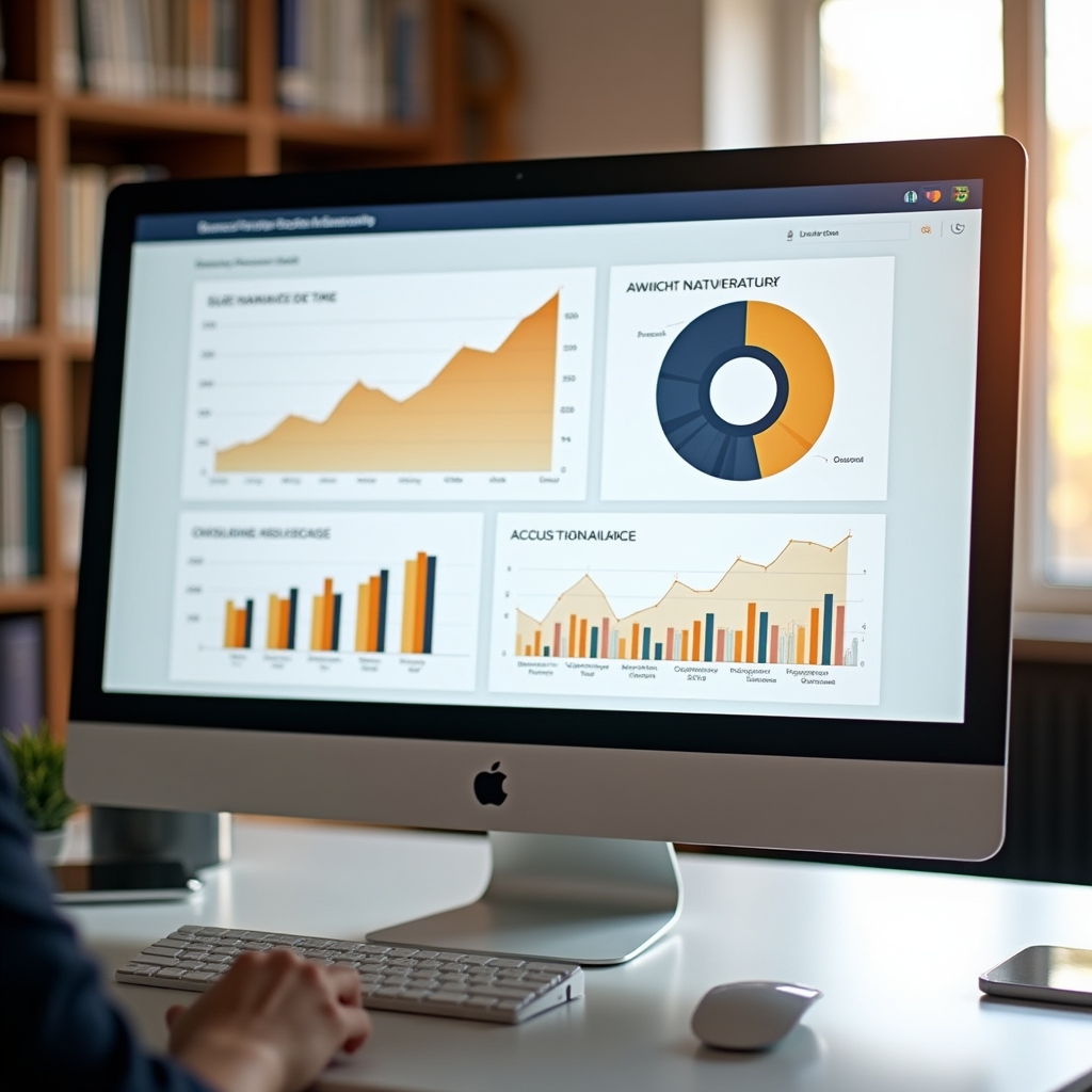 Wide shot of a results dashboard on a monitor showing financial simulation outcomes with charts and metrics